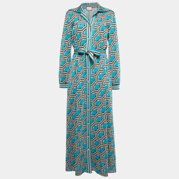 Pre Owned Gucci Blue Geometric Patterned Lurex Knit Belted Maxi Dress XL