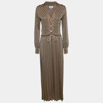 Pre Owned Gucci Beige/Green Patterned Lurex Knit Drawstring Maxi Dress M