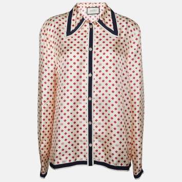 Pre Owned Gucci Cream Hearts Clover Printed Silk Button Front Shirt L