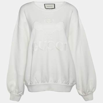 Pre Owned Gucci White Tennis Embroidered Cotton Knit Round Neck Sweatshirt M