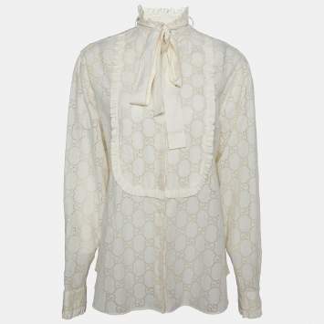 Pre Owned Gucci Beige Logo Cutwork Cotton Neck Tie Detail Top M