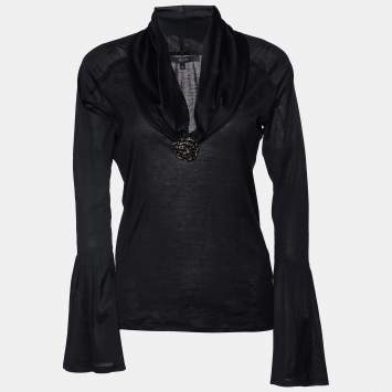 Pre Owned Gucci Black Cotton Knit Brooch Detail Top S