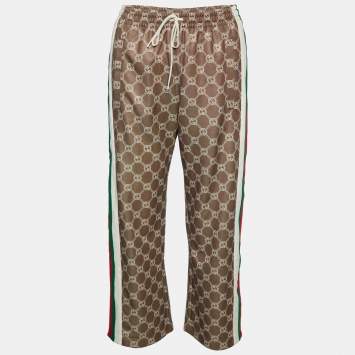 Pre Owned Gucci Brown Interlocking Logo Jersey Side Stripe & Button Detail Track Pants XS