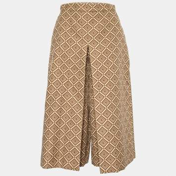 Pre Owned Gucci Brown Logo Jacquard Cotton Pleated Culottes M