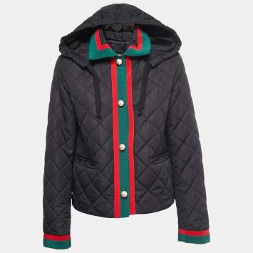 Pre Owned Gucci Black Quilted Nylon Wed Detail Button Front Hooded Jacket M