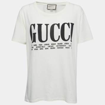 Pre Owned Gucci Cream Printed Cotton Crew Neck Half Sleeve T-Shirt S