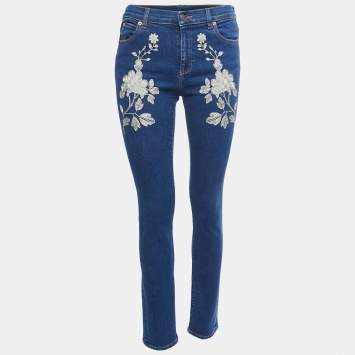 Pre Owned Gucci Blue Floral Embroidered Denim Skinny Jeans M Waist 28"