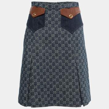 Pre Owned Gucci Dark Blue Guccisima Denim Pleated Knee Length Skirt S