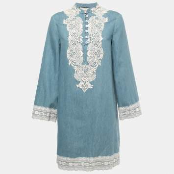 Pre Owned Gucci Blue Chambray Lace Embellished Tunic Mini Dress M