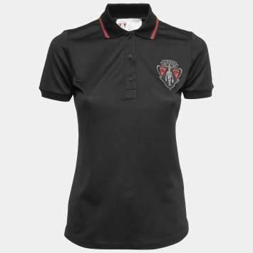 Pre Owned Gucci Equestrian Black Jersey Logo Patch Web Detail Polo T-Shirt XS
