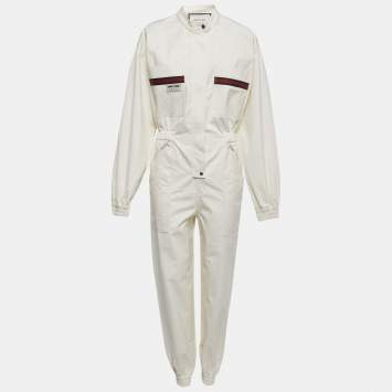 Pre Owned Gucci Cream Cotton Web Stripe Detail Full Sleeve Zip Front Jumpsuit M