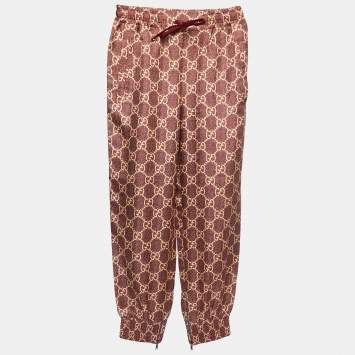 Pre Owned Gucci Burgundy/Beige GG Supreme Printed Silk Joggers XXS