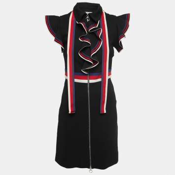 Pre Owned Gucci Black Jersey Web Stripe Detail Ruffled Mini Dress L