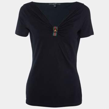 Pre Owned Gucci Black Cotton Knit Web Trim Detail T-Shirt L