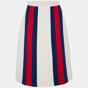 Pre Owned Gucci Cream Wool & Silk Striped Detail Knee Length Skirt M