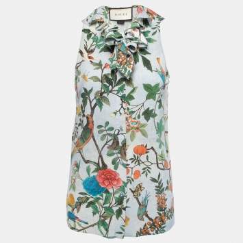 Pre Owned Gucci Multicolor Floral Silk Ruffled Sleeveless Top M