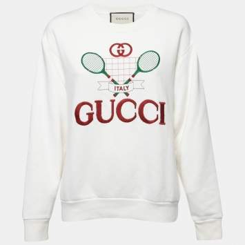 Pre Owned Gucci Off-White Cotton Tennis Embroidered Crew Neck Sweatshirt XXS