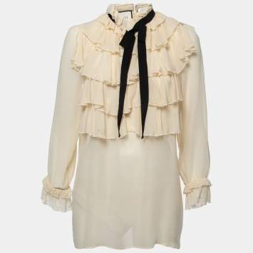 Pre Owned Gucci Cream Silk Ruffled Blouse M