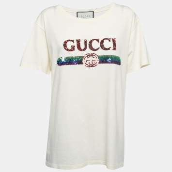Pre Owned Gucci Cream Sequined Logo Cotton Crew Neck T-Shirt M