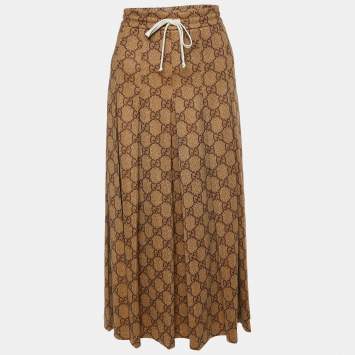 Pre Owned Gucci Brown Monogram Printed Jersey Knit Pleated Midi Skirt M