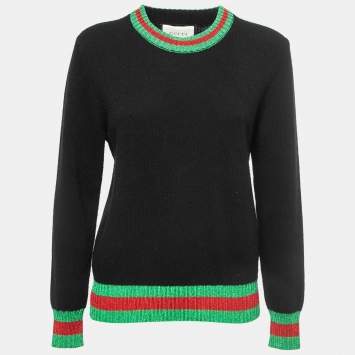 Pre Owned Gucci Black Wool Lurex Web Trim Detail Sweater L
