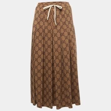 Pre Owned Gucci Brown GG Patterned Jersey Drawstring Pleated Midi Skirt XS