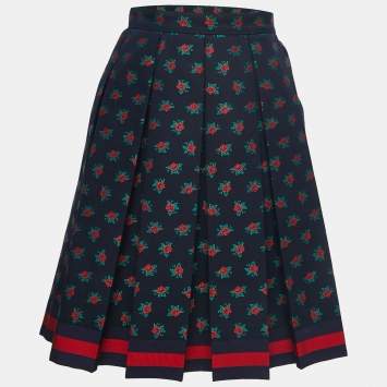 Pre Owned Gucci Navy Blue Floral Jacquard Cotton Pleated Skirt M