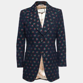 Pre Owned Gucci Navy Blue Floral Jacquard Cotton Single-Breasted Blazer M