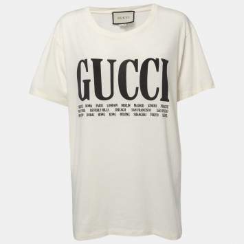 Pre Owned Gucci Cream Printed Cotton Crew Neck Half Sleeve T-Shirt M
