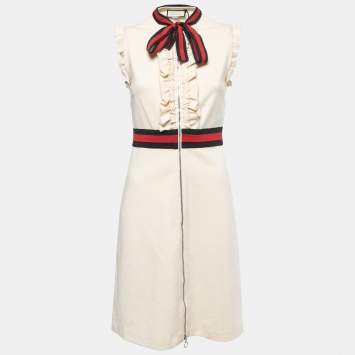 Pre Owned Gucci Cream Technical Jersey Web Trim Detail Ruffled Midi Dress M