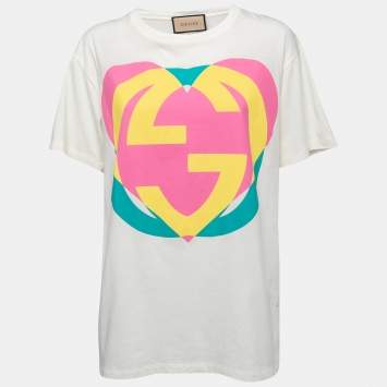 Pre Owned Gucci  Off-White Interlocking G Heart Printed Cotton Oversized T-Shirt XS