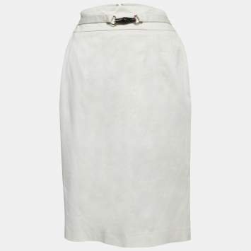 Pre Owned Gucci White Cotton Bamboo Buckle Detail Pencil Skirt S