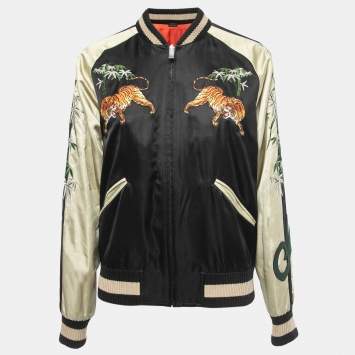 Pre Owned Gucci Black Tiger Embroidered Satin Reversible Bomber Jacket L