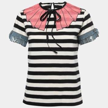 Pre Owned Gucci Multicolor Striped Cotton Sequin Detailed Half Sleeve T-Shirt S