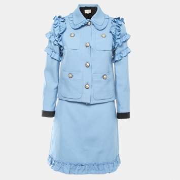 Pre Owned Gucci Blue Wool Blend Ruffled Skirt Suit S