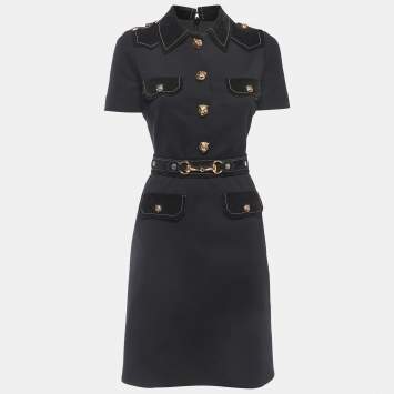 Pre Owned Gucci Black Wool Tiger Button Detail Belted Midi Dress S