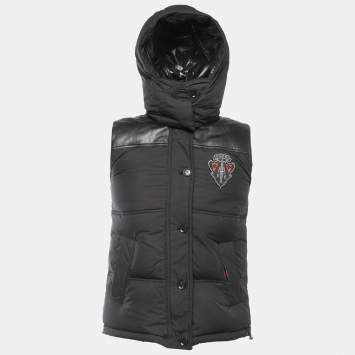 Pre Owned  Gucci Equestrian Black Synthetic Leather Trimmed Sleeveless Hooded Puffer Jacket S