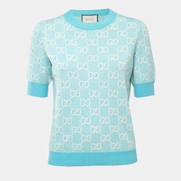 Pre Owned Gucci Blue GG Jacquard Knit Sweater Top S