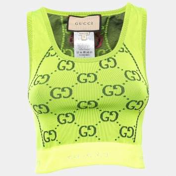 Pre Owned Gucci Neon Green GG Patterned Stretch Knit Sleeveless Crop Top S