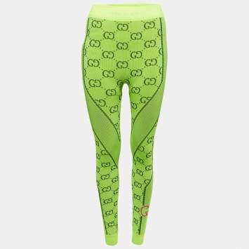 Pre Owned Gucci Neon Green GG Jacquard Jersey Leggings S