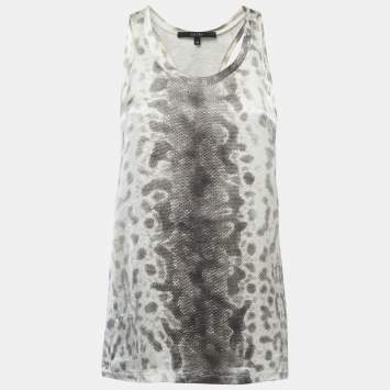 Pre Owned Gucci White Snake Print Satin Silk & Knit Tank Top M