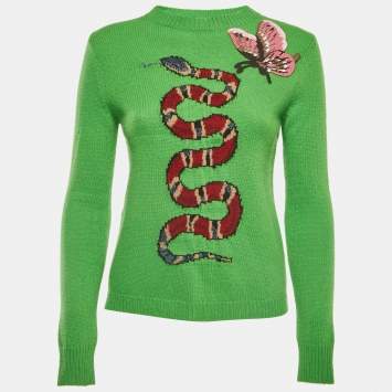 Pre Owned Gucci Green Snake Patterned Wool Butterfly Patch Crew Neck Sweater XXS