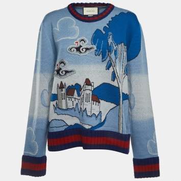 Pre Owned Gucci Blue Castle Patterned Wool Embroidered Patch Crew Neck Sweater XL