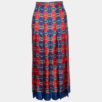 Pre Owned Gucci Blue & Red Printed Silk Pleated Midi Skirt M