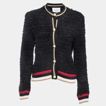 Pre Owned Gucci Black Boucle Knit Web Cardigan L