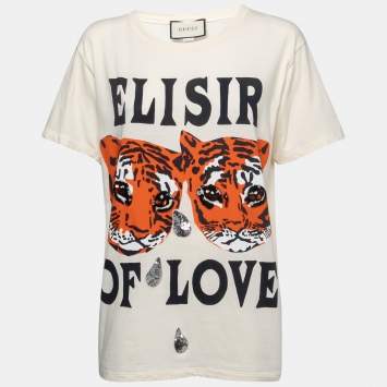 Pre Owned Gucci Cream Tiger Print Sequined Cotton Crew Neck Half Sleeve T-Shirt S