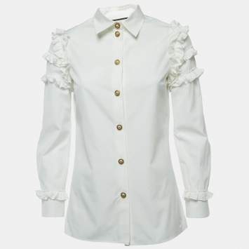 Pre Owned Gucci White Cotton Button Front Ruffled Full Sleeve Shirt Blouse S