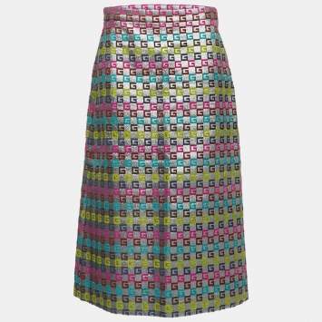 Pre Owned Gucci Metallic G Patterned Jacquard Midi Skirt XL