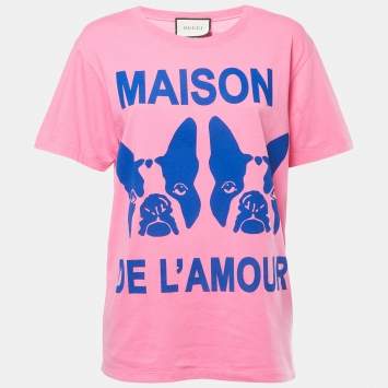 Pre Owned Gucci Pink Maison De L'Amour Print Cotton Crew Neck Half Sleeve T-Shirt S