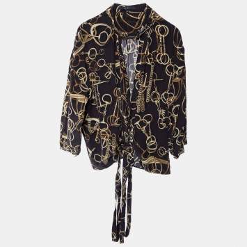 Pre Owned Gucci Brown Horsebit Printed Silk Wrap Tie Top L